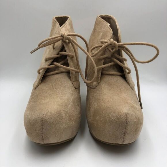 Y2K Rue 21 Women's Tan Covered Wedge Heel Lace Up Unworn Shoes Large 8/9 - Picture 3 of 9